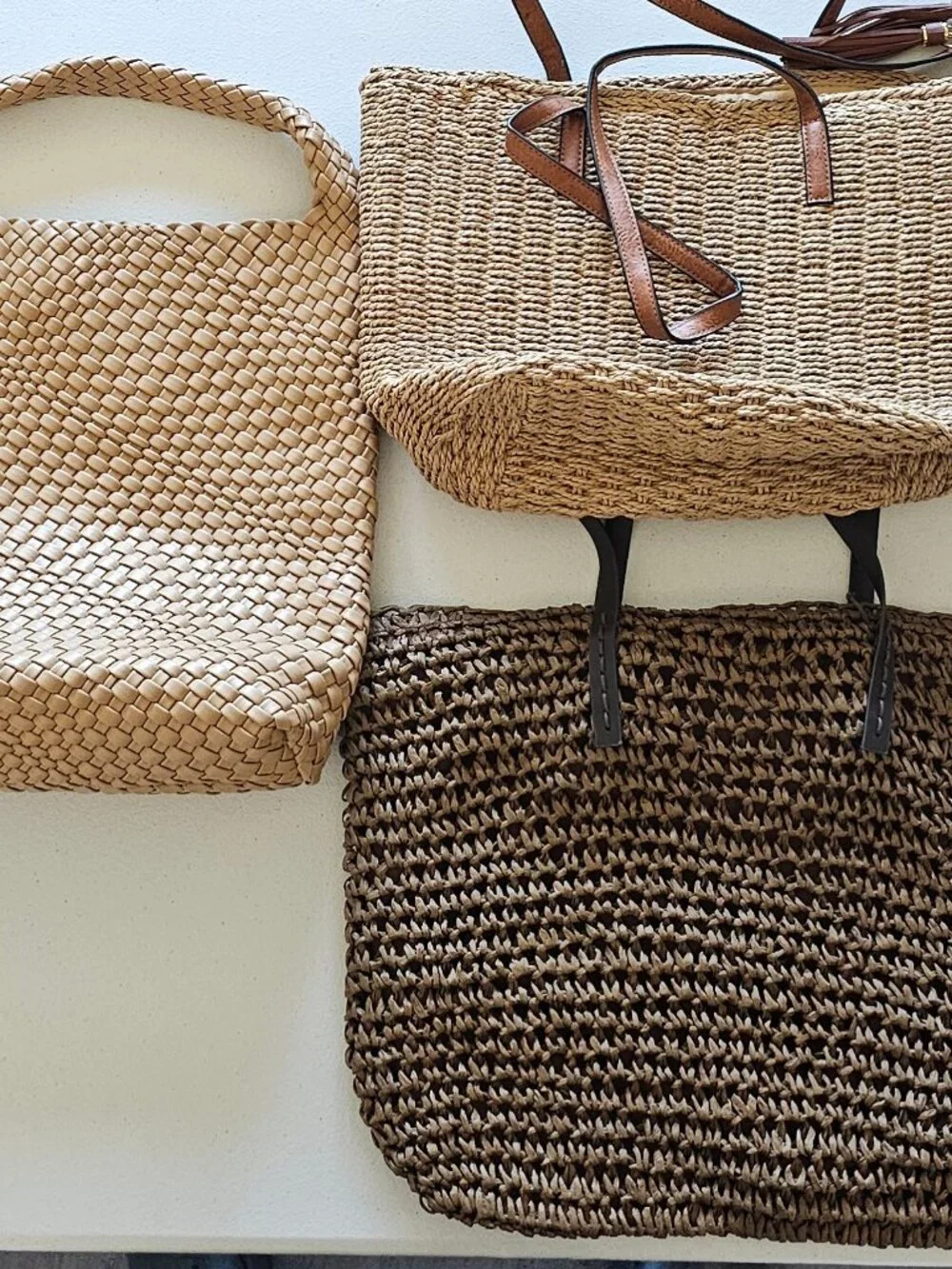 3 Pack of Woven Straw & Leather Tote Bags | Boho Summer Totes | Unbranded
